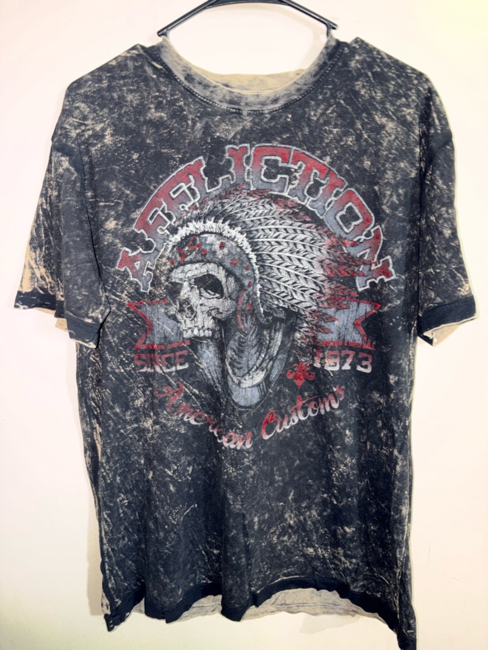 Affliction Black Acid-Wash Short-Sleeve Graphic Tee with Red Details